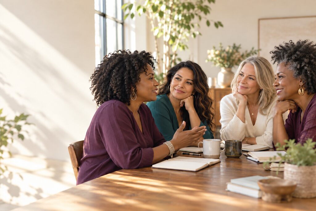 Illustrative scene of women sharing a conversation around a table.